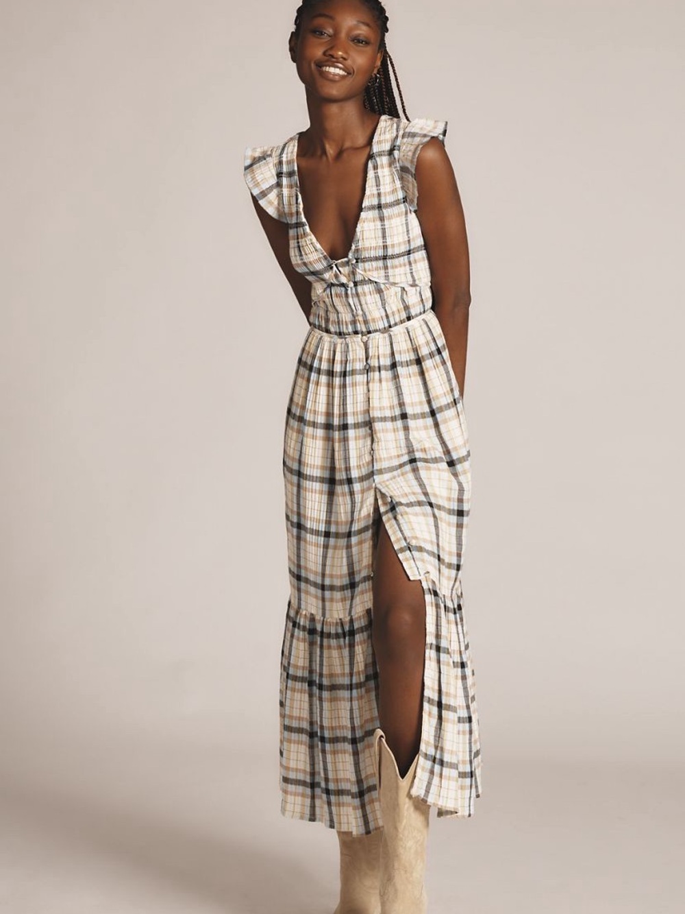 Anthropologie Peregrine Midi Dress Neutral Plaid size XL - Picture 2 of 11